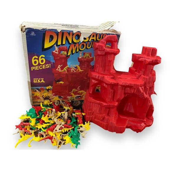 Vintage Tim Mee Toys Dinosaur Mountain Playset With Box Figures Cavemen Made USA - Picture 1 of 6